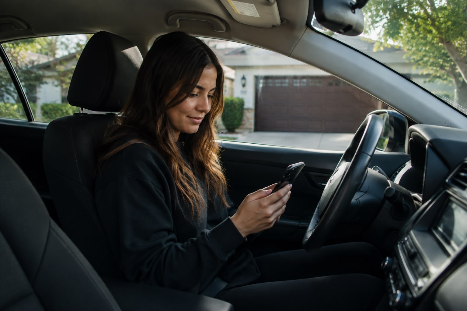 Vehicle owner reviewing guidance on her phone from the driver’s seat